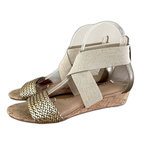 Ellen Tracy Boho Cork Wedge Ankle Sandals Size 7.5 Gold Woven Tan Elastic Straps - Picture 1 of 11